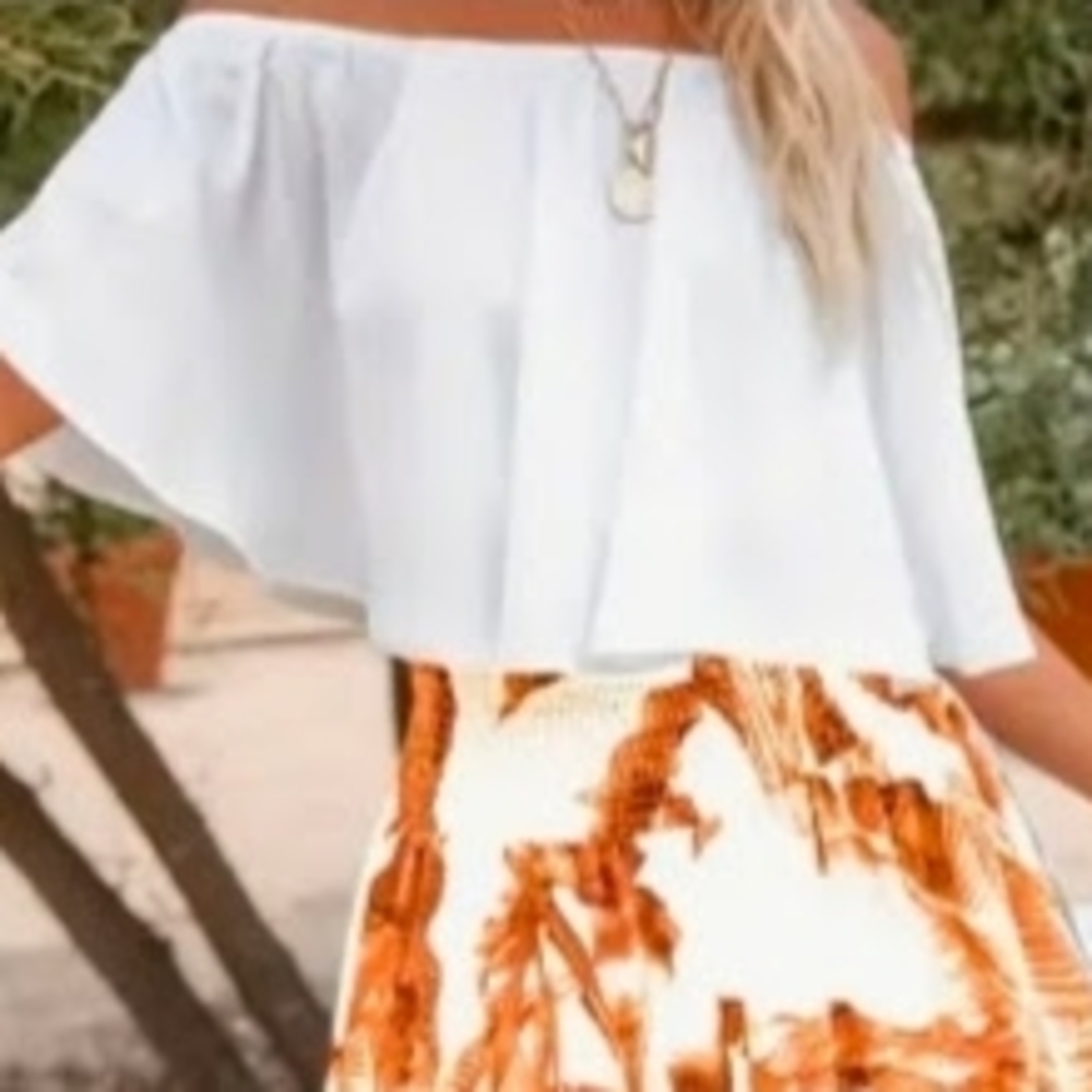 White Off-Shoulder Top with Orange & White Floral Shorts Size M